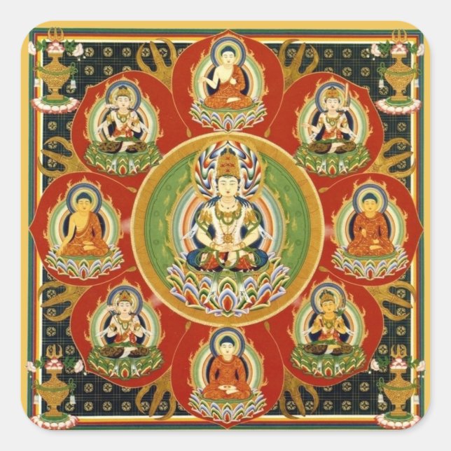 Pegatina Cuadrada Budismo tántrico tibetano vintage Buda Mandala (Anverso)