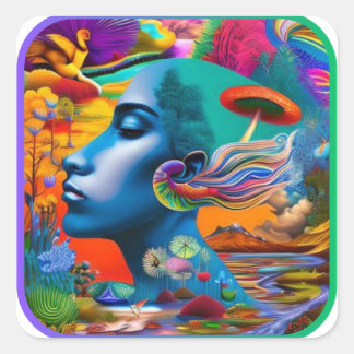 Pegatina Cuadrada Buen Viaje Psicodélico Y Colorido #2