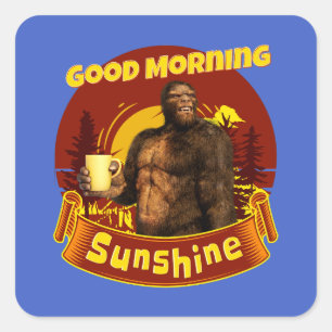 Pegatina Cuadrada Buenos Días Sol Bigfoot Café Humor Arte