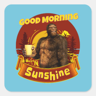 Pegatina Cuadrada Buenos Días Sol Bigfoot Café Humor Arte