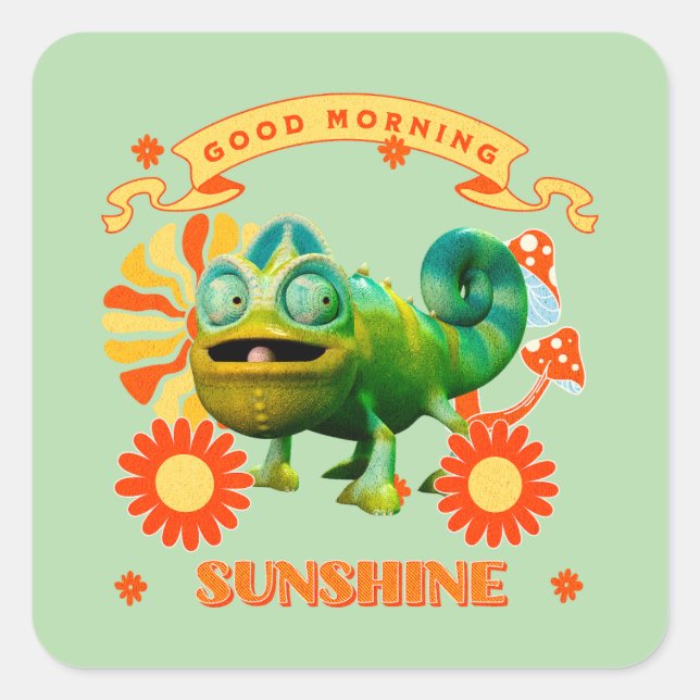 Pegatina Cuadrada Buenos Días Sol Chameleón Divertido (Anverso)
