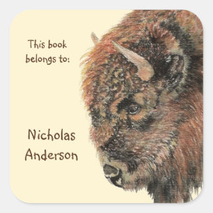 Pegatina Cuadrada Búfalo Bison Animal Nature Personalizado Bookplate