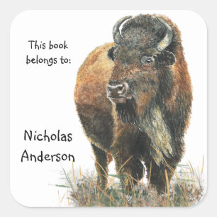 Pegatina Cuadrada Búfalo Bison Animal Nature Personalizado Bookplate