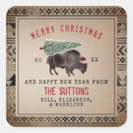Pegatina Cuadrada Búfalo Bison Santa Merry Christmas Tree Burlap