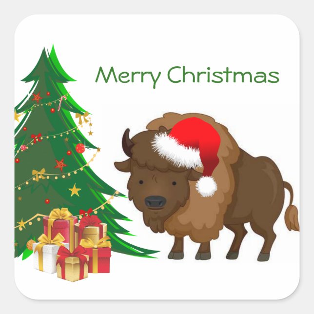 Pegatina Cuadrada Búfalo de Navidades Cute (Anverso)