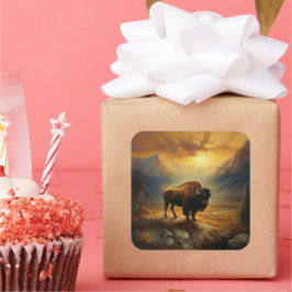 Pegatina Cuadrada Buffalo Bison Sunset Silhouette