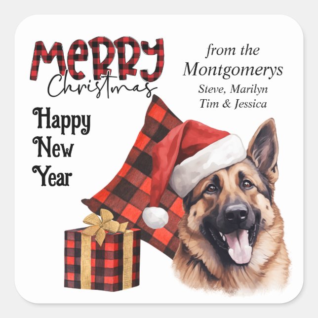 Pegatina Cuadrada Buffalo Plaid German Shepherd Dog Christmas (Anverso)