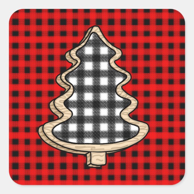 Pegatina Cuadrada Buffalo Plaid, Red Gingham Christmas Trees (Anverso)