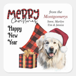 Pegatina Cuadrada Buffalo Plaid Santa Hat Great Pyrenees Dog