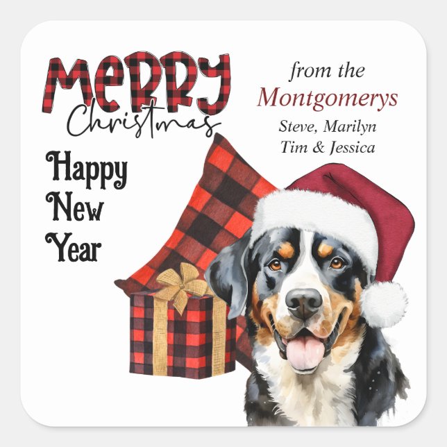 Pegatina Cuadrada Buffalo Plaid Santa Hat Swiss Mountain Dog (Anverso)