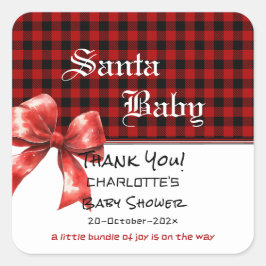 Pegatina Cuadrada Buffalo Plaid Watercolor Red Bow Baby Shower