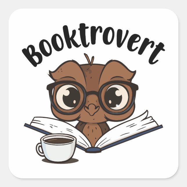 Pegatina Cuadrada búho Booktrovert con libro y café (Anverso)