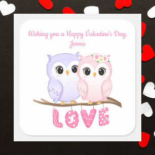 Pegatina Cuadrada Búho de acuarela Cute Valentines