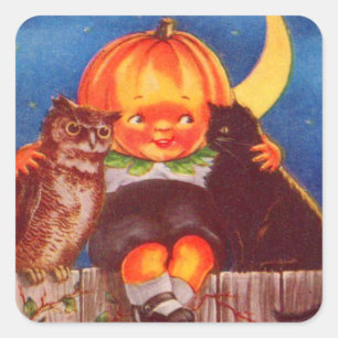 Pegatina Cuadrada Búho de Calabaza Gato Negro Luna Creciente