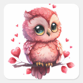 Pegatina Cuadrada Búho de Corazón Bonito de San Valentín