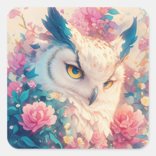 Pegatina Cuadrada Búho de fantasía blanco y azul adorable asomándose