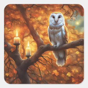 Pegatina Cuadrada Búho de Halloween en velas de hojas de otoño