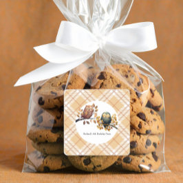 Pegatina Cuadrada Búho de otoño y niño ardilla cumpleaños