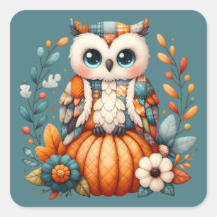 Pegatina Cuadrada Búho de patchwork sobre calabaza — Otoño Cottageco
