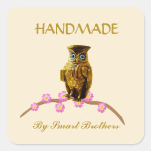 Pegatina Cuadrada Búho Dorado Hecho a Mano sobre Negocio Beige Claro