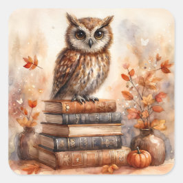 Pegatina Cuadrada Búho en Bookstack con hojas de otoño