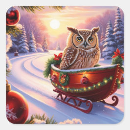 Pegatina Cuadrada Búho en trineo durante las vacaciones