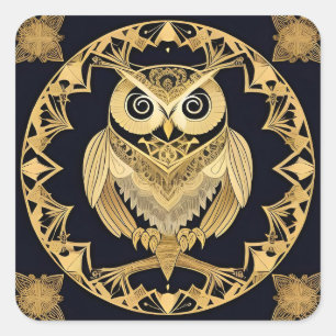 Pegatina Cuadrada Búho Ornamental Dorado 🖼️ Ave Decorativa de Lujo
