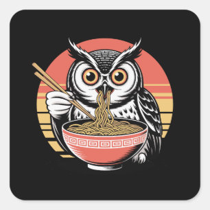 Pegatina Cuadrada Búho Slurping Ramen Estilo Ukiyo-e Vintage japonés