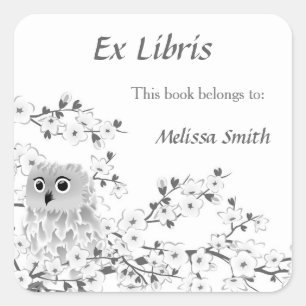 Pegatina Cuadrada Búho y Flores de Cerezo Ex Libris Marca de Libro