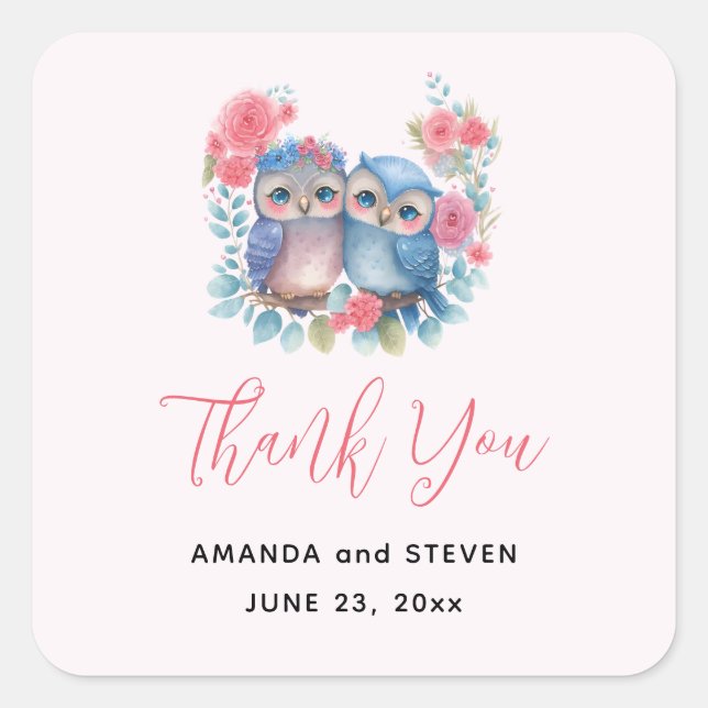 Pegatina Cuadrada Búhos enamorados sentados en una rama Agradecimien (Anverso)