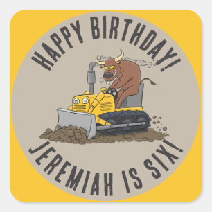 Pegatina Cuadrada Bull drive bulldozer cumpleaños personalizado