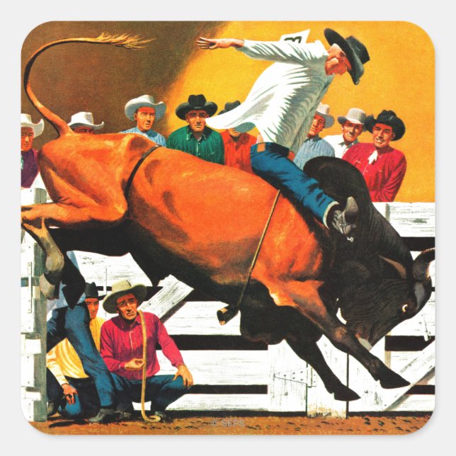 Pegatina Cuadrada Bull Riding por Fred Ludekens (Anverso)
