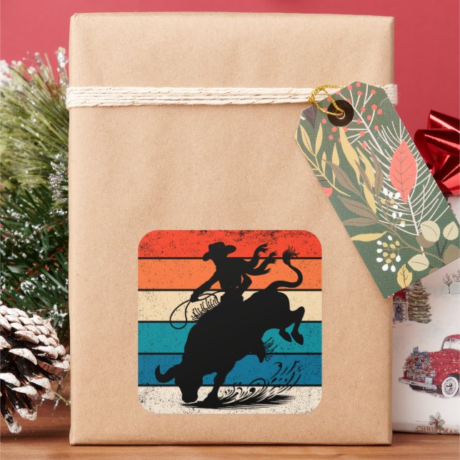 Pegatina Cuadrada Bull Riding Rodeo Bull Riders Western Ranch Retro (Vacaciones)