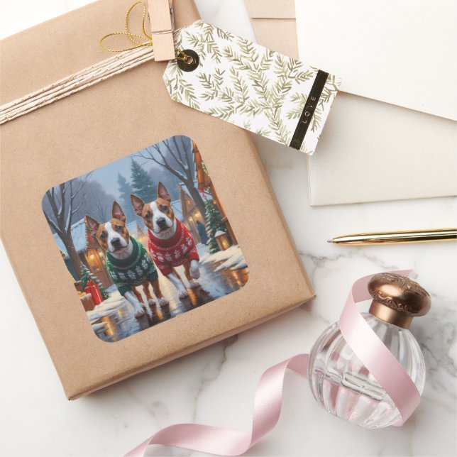 Pegatina Cuadrada Bull Terrier Dogs Christmas Snow Holiday (Regalar)