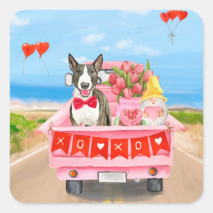 Pegatina Cuadrada Bull Terrier Perro Día de San Valentín Camión Cora
