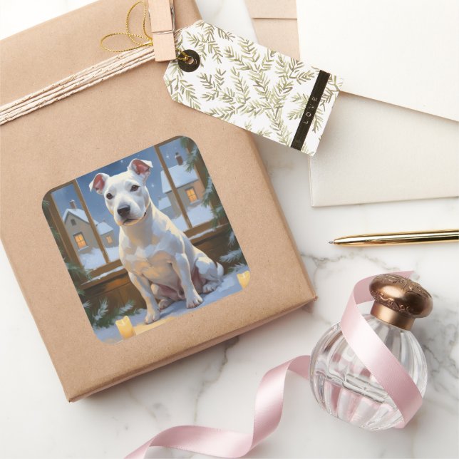 Pegatina Cuadrada Bull Terrier with Christmas Lights Holiday (Regalar)