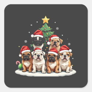 Pegatina Cuadrada Bulldog Árbol de Navidad Santa Hat Puppy Amantes