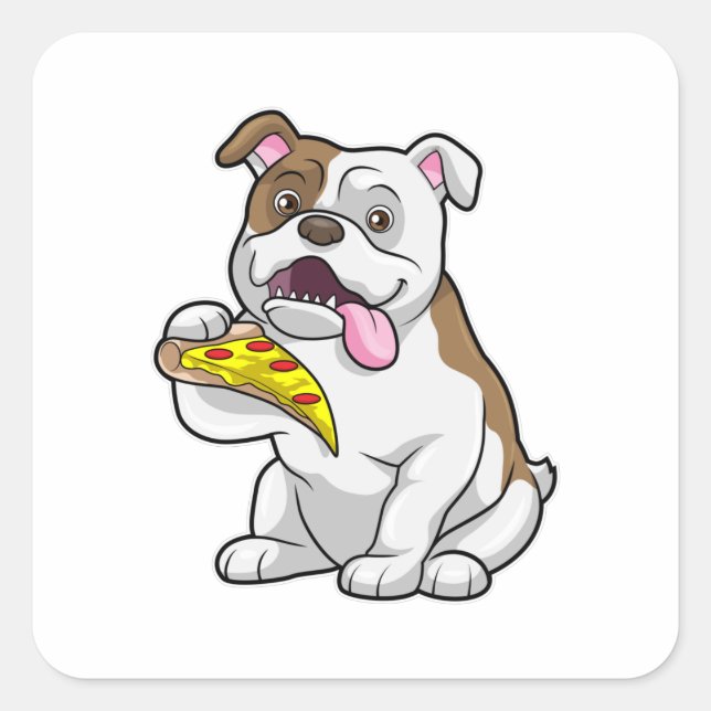 Pegatina Cuadrada Bulldog con pedazo de pizza (Anverso)