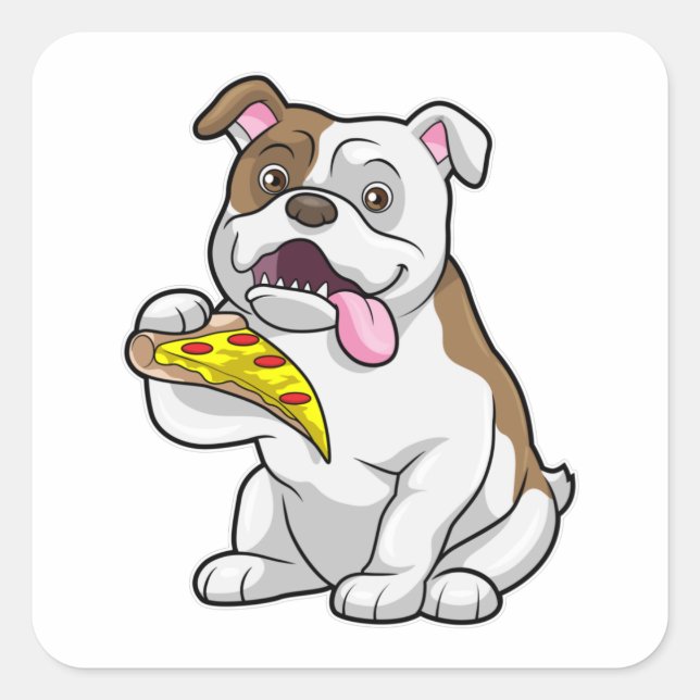Pegatina Cuadrada Bulldog con pedazo de pizza (Anverso)