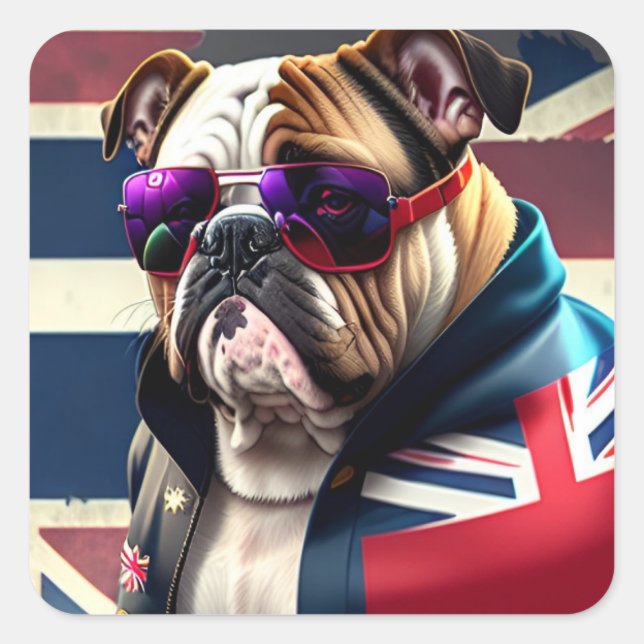 Pegatina Cuadrada Bulldog con Union Jack Jacket (Anverso)
