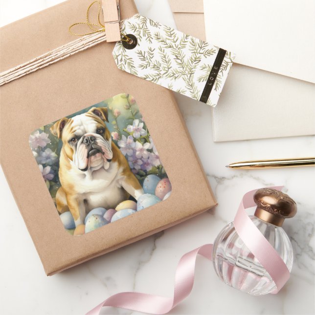 Pegatina Cuadrada Bulldog con vacaciones en Pascua (Regalar)