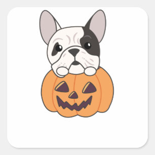 Pegatina Cuadrada Bulldog En Calabaza Perros Cute Feliz Halloween