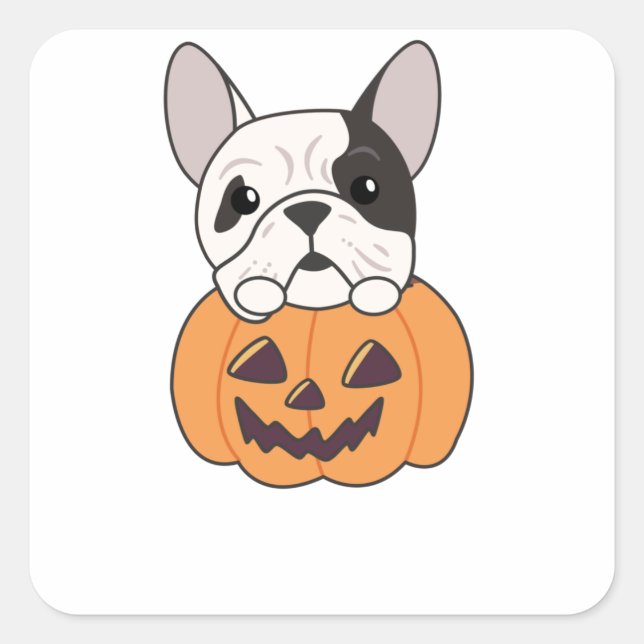 Pegatina Cuadrada Bulldog En Calabaza Perros Cute Feliz Halloween (Anverso)