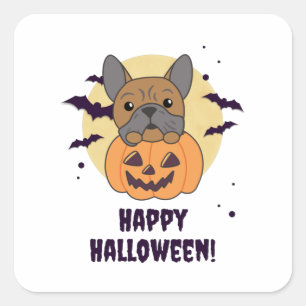 Pegatina Cuadrada Bulldog En Calabaza Perros Cute Feliz Halloween