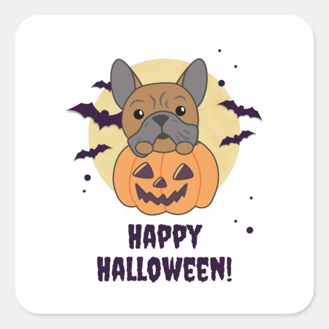 Pegatina Cuadrada Bulldog En Calabaza Perros Cute Feliz Halloween (Anverso)