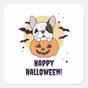 Pegatina Cuadrada Bulldog En Calabaza Perros Cute Feliz Halloween