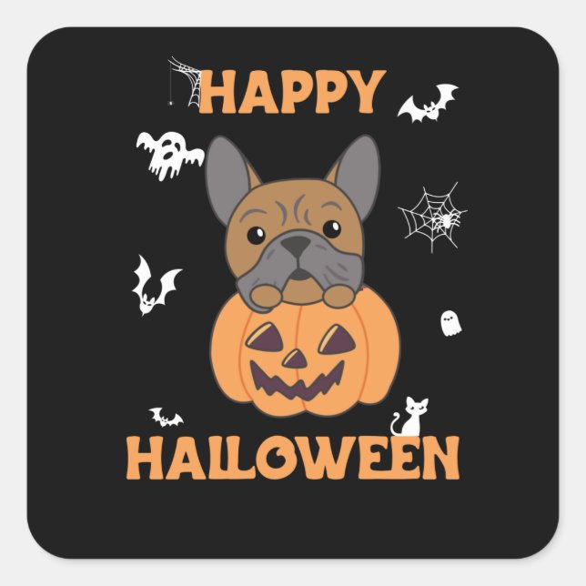 Pegatina Cuadrada Bulldog En Calabaza Perros Cute Feliz Halloween (Anverso)