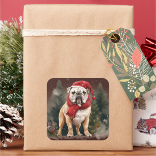 Pegatina Cuadrada Bulldog en la Navidad de Nieve