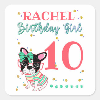 Pegatina Cuadrada Bulldog francés Chica de cumpleaños