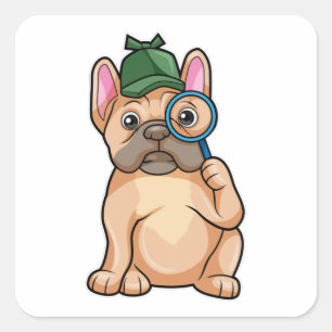 Pegatina Cuadrada Bulldog francés como detective con vidrio de magni